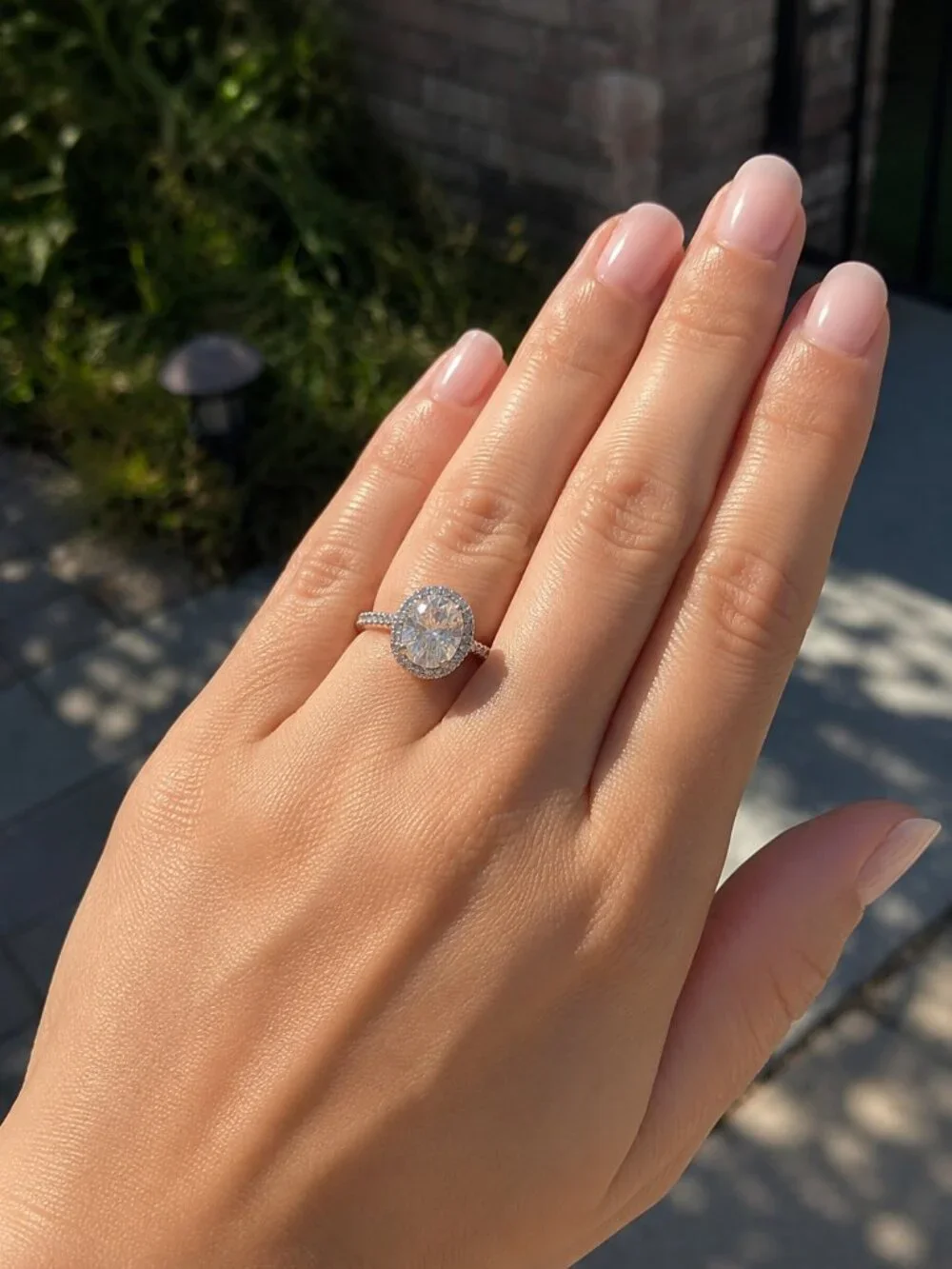 Oval Halo Moissanite and Diamond Engagement Ring, 14K Solid White Gold, Size: 10